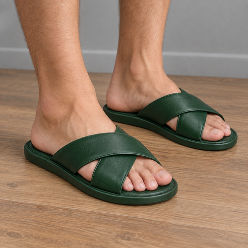 Side angle of Naldony green slide sandal showing sole.