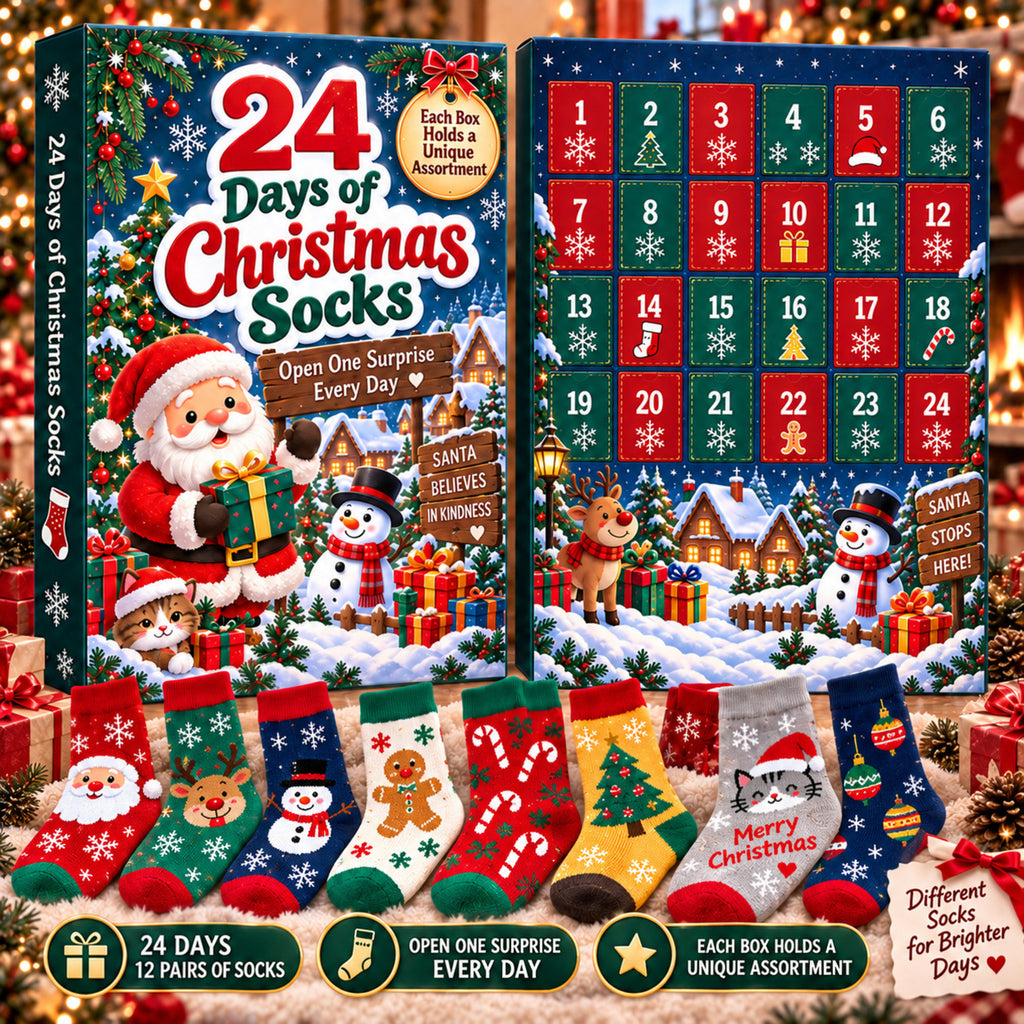 24 Days of Christmas Socks Advent Calendar, 12-Pair Mystery Sock Gift Box, Random Festive Designs, Holiday Countdown Christmas Gift for Kids/Women