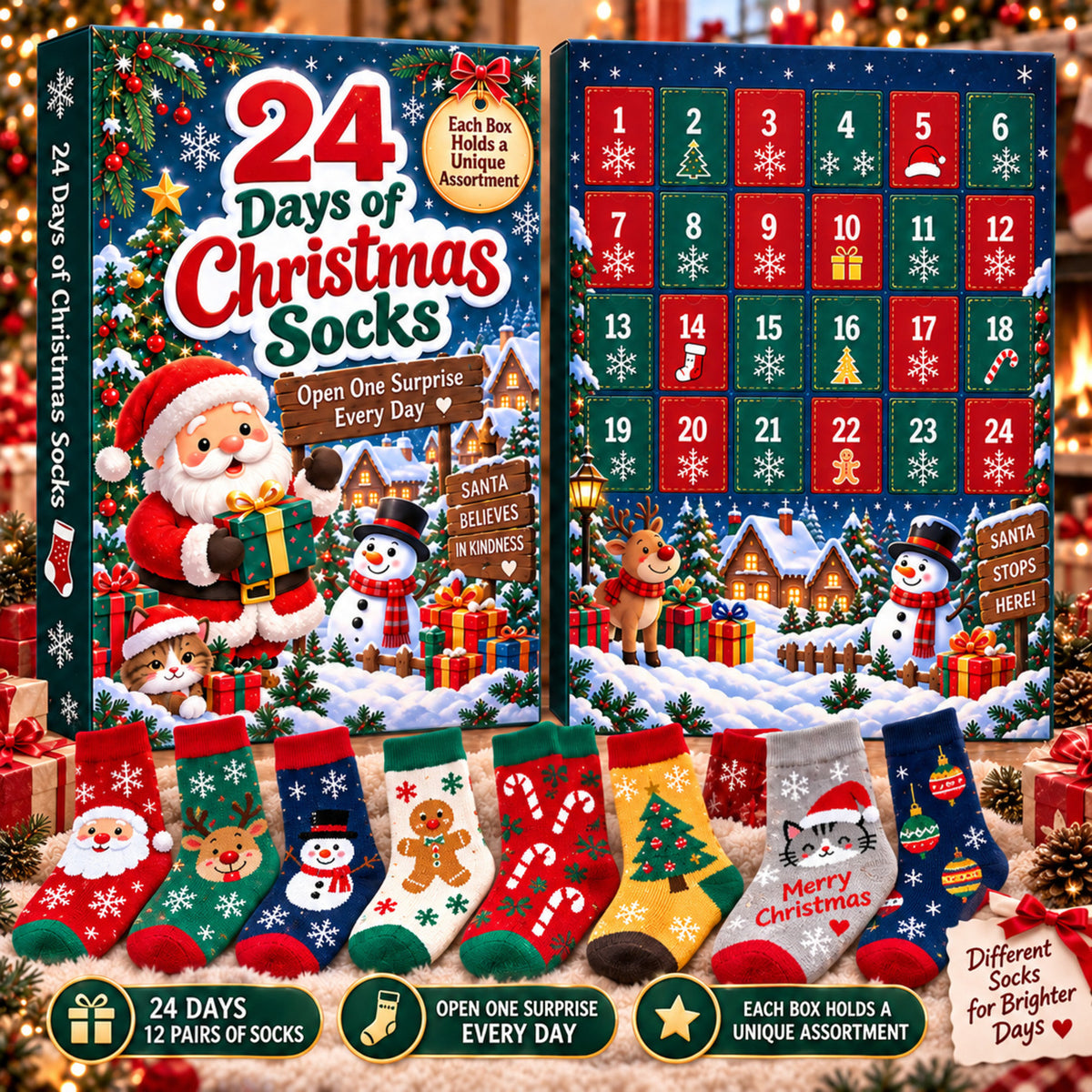 24 Days of Christmas Socks Advent Calendar, 12-Pair Mystery Sock Gift Box, Random Festive Designs, Holiday Countdown Christmas Gift for Kids/Women