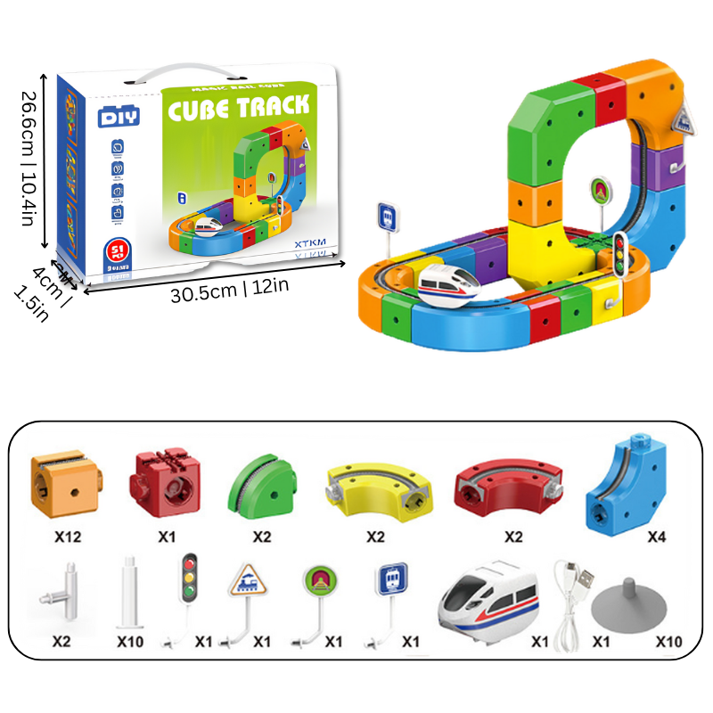 Kids 3D train track set, mix-and-match STEM cubes, 51 or 81 pieces
