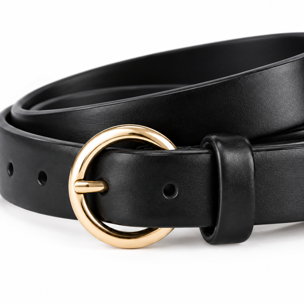 Detailed view of the leather texture on the belt.