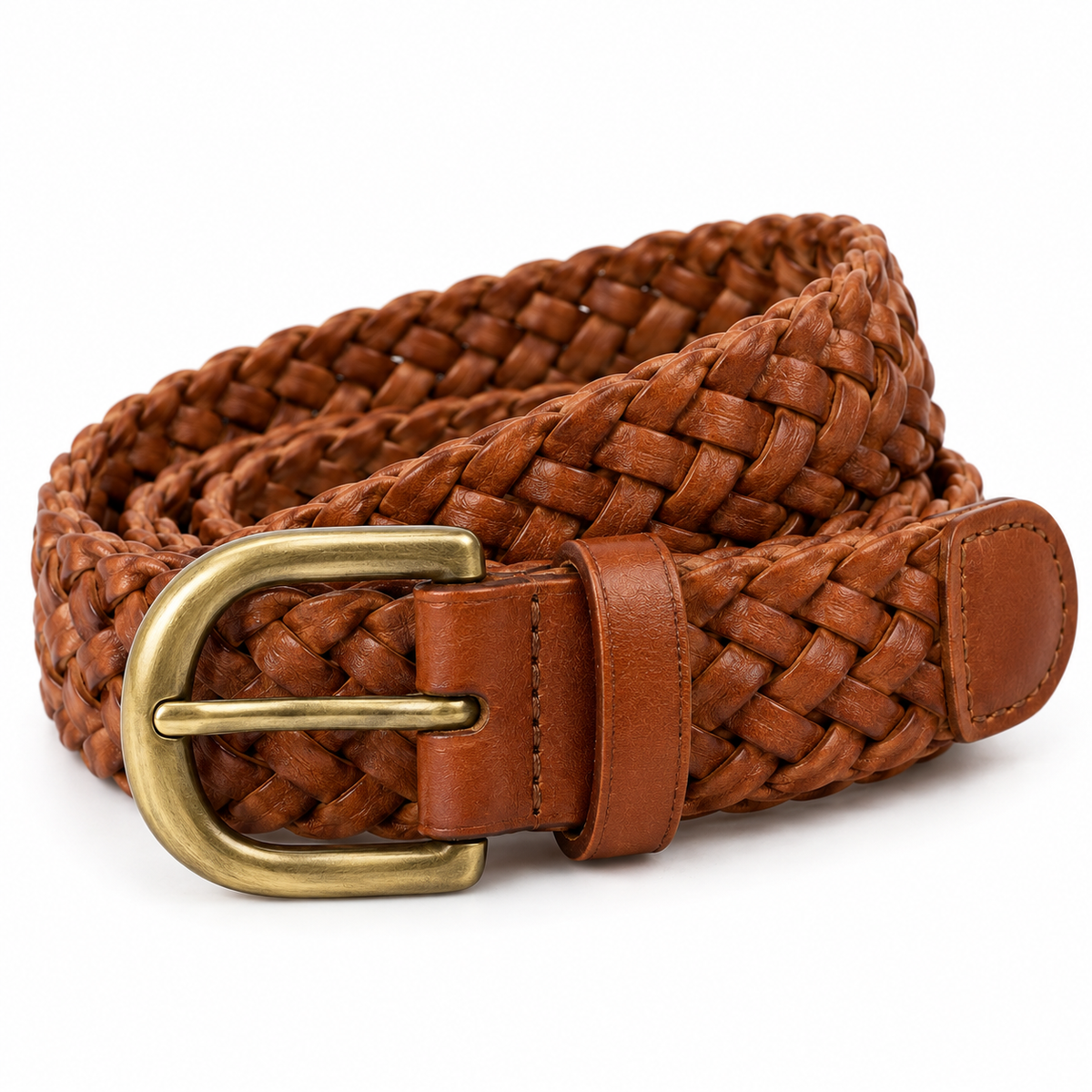 Side view of brown leather belt with buckle.