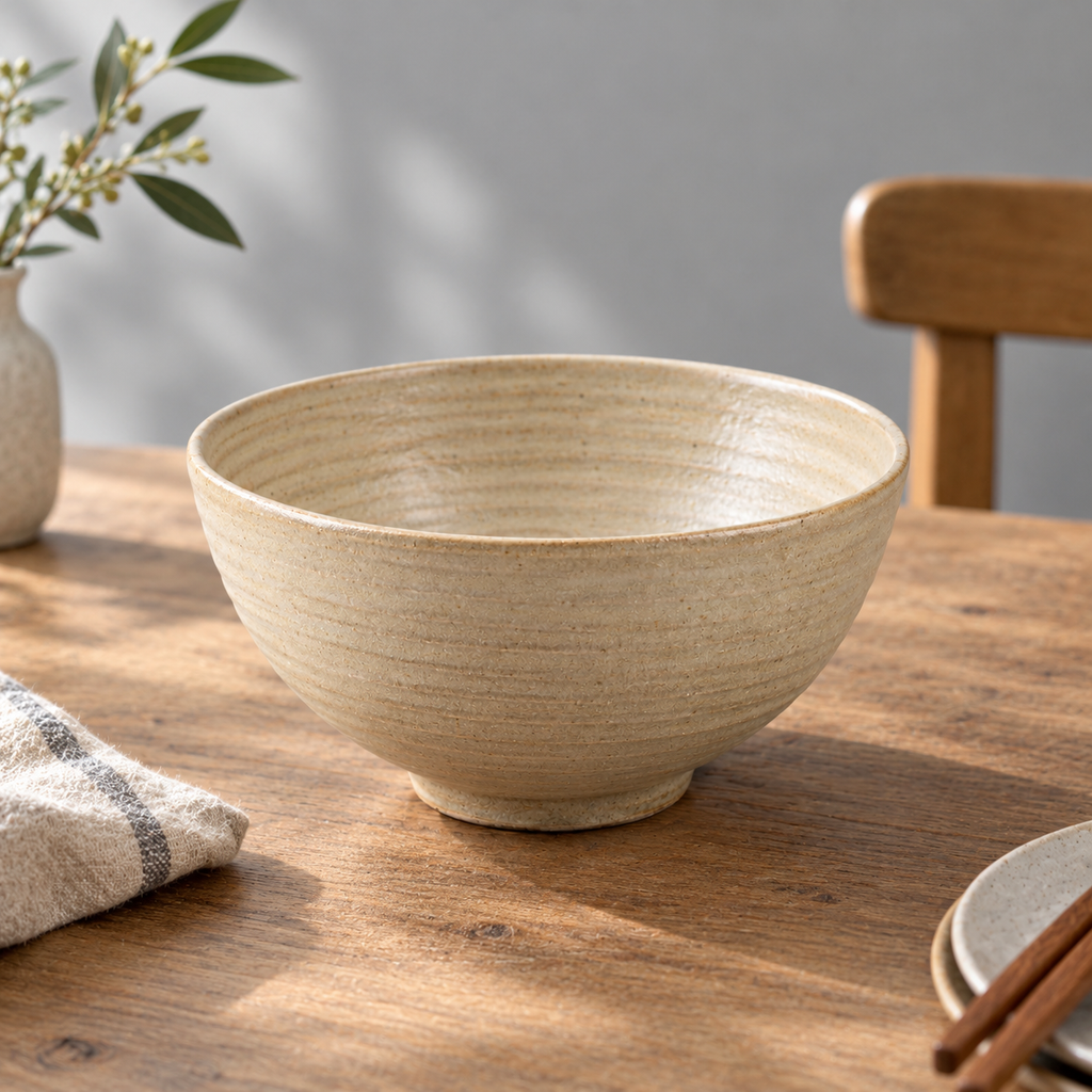 Side view of handcrafted beige ceramic bowl.