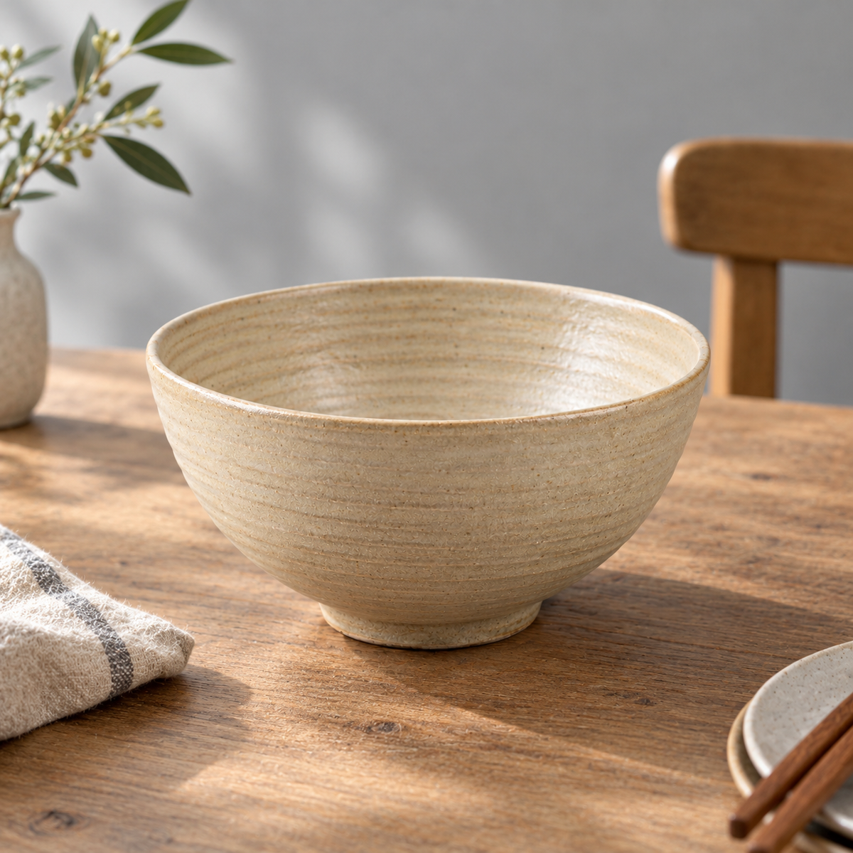 Side view of handcrafted beige ceramic bowl.