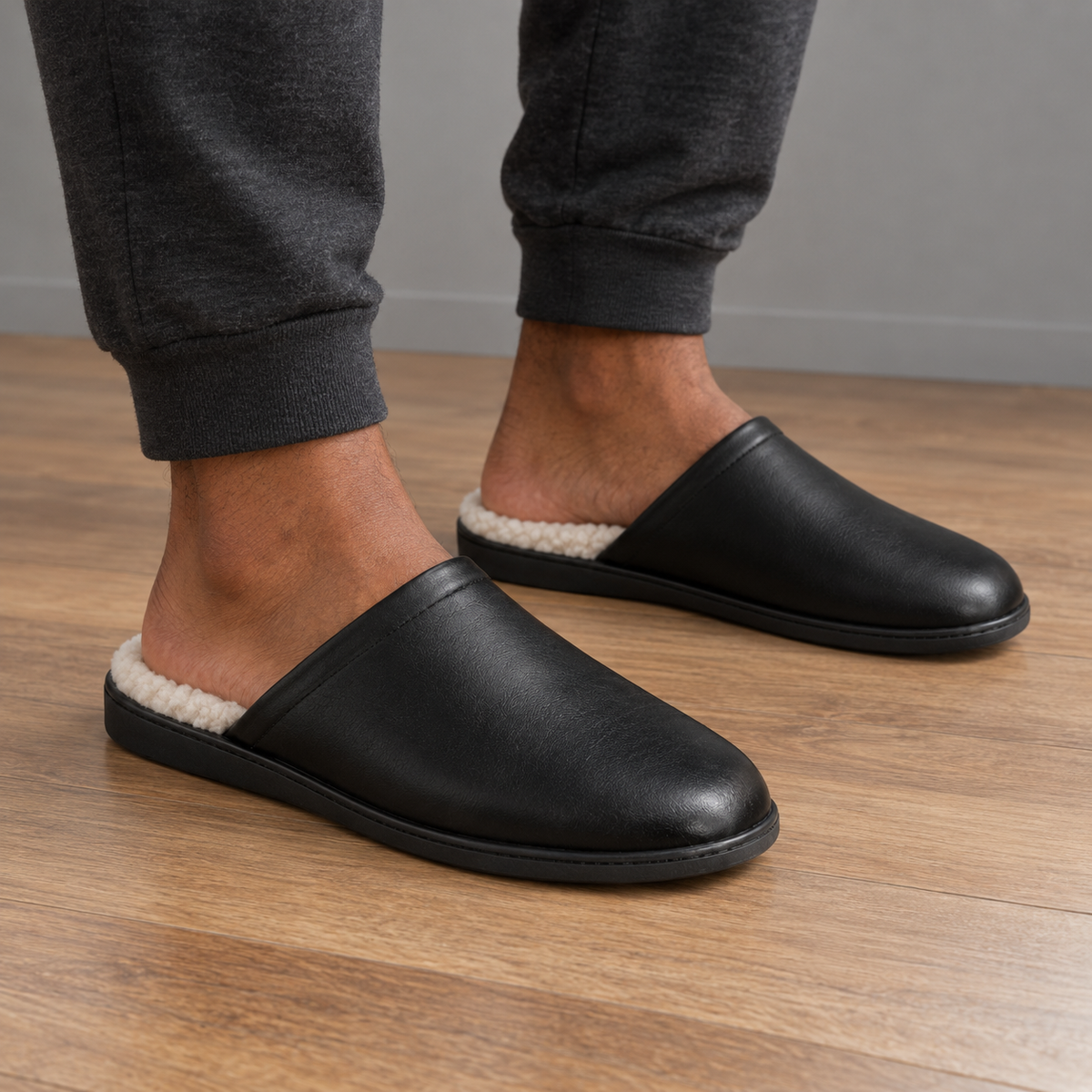 Top view of Naldony black leather slipper with soft lining.