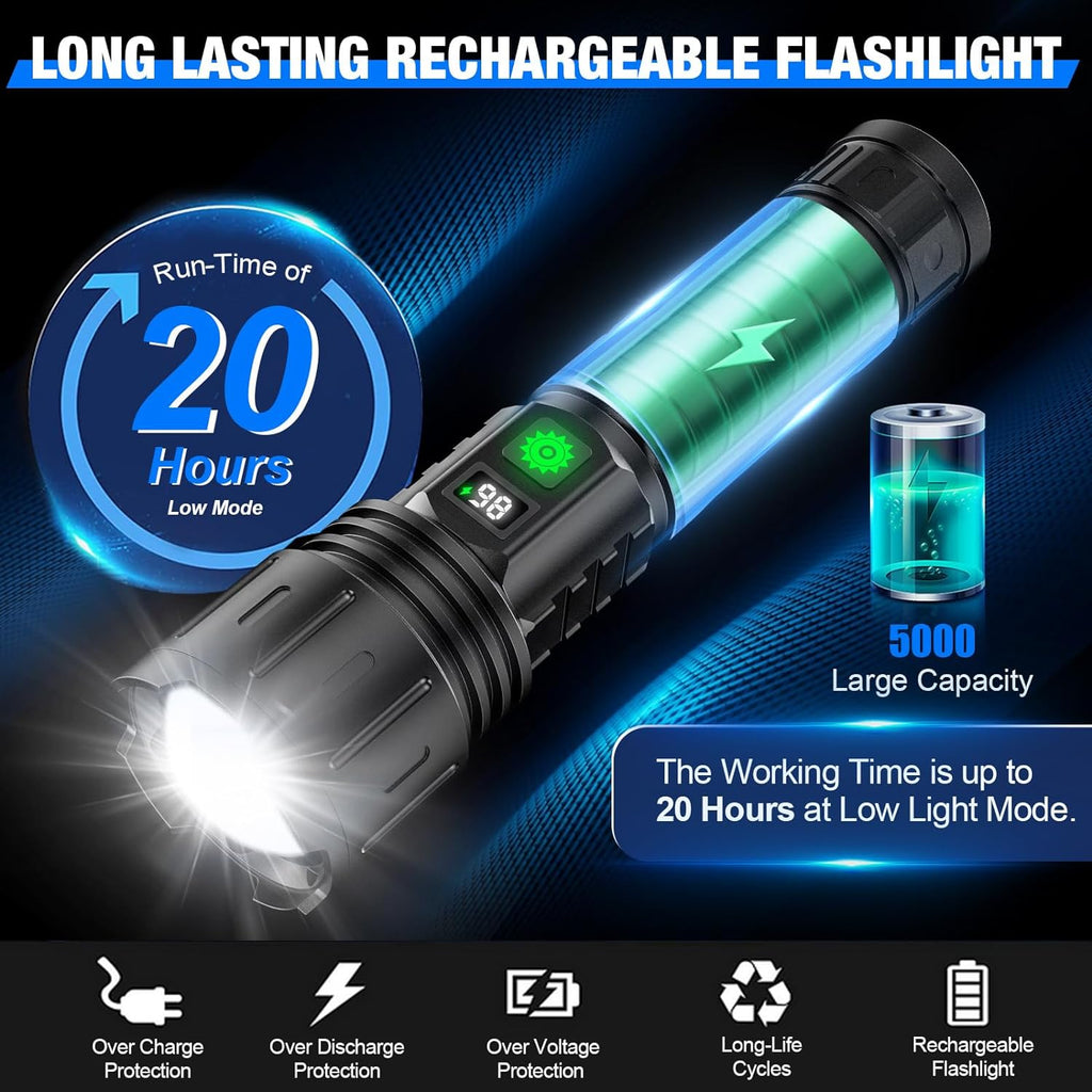 Tactical flashlight 100,000 lumens, 5000mAh USB-C rechargeable, IPX5 waterproof