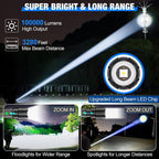 Tactical flashlight 100,000 lumens, 5000mAh USB-C rechargeable, IPX5 waterproof