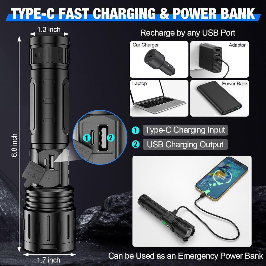 Tactical flashlight 100,000 lumens, 5000mAh USB-C rechargeable, IPX5 waterproof
