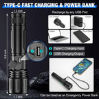 Tactical flashlight 100,000 lumens, 5000mAh USB-C rechargeable, IPX5 waterproof