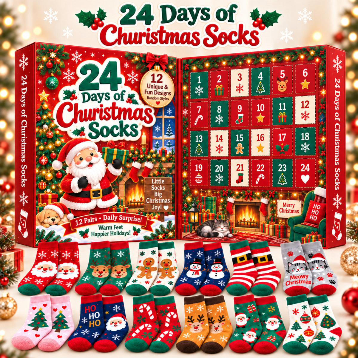 24 Days of Christmas Socks Advent Calendar, 12-Pair Mystery Sock Gift Box, Random Festive Designs, Holiday Countdown Christmas Gift for Kids/Women