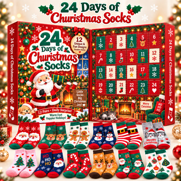 24 Days of Christmas Socks Advent Calendar, 12-Pair Mystery Sock Gift Box, Random Festive Designs, Holiday Countdown Christmas Gift for Kids/Women