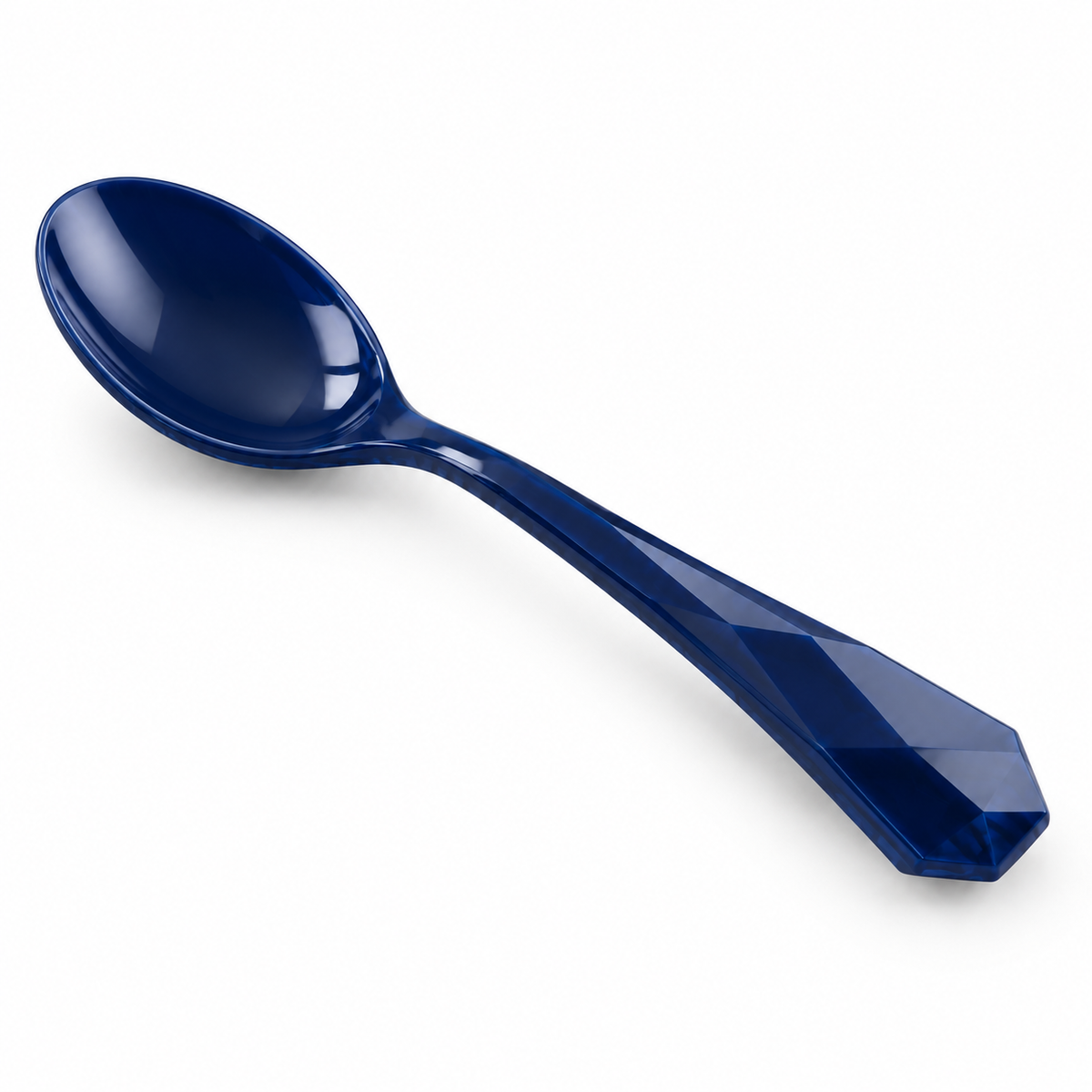 Close-up of the faceted handle on a blue plastic spoon.