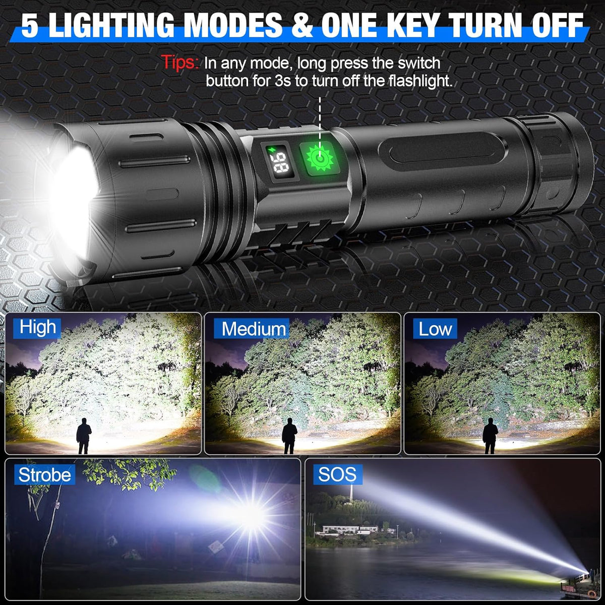 Tactical flashlight 100,000 lumens, 5000mAh USB-C rechargeable, IPX5 waterproof