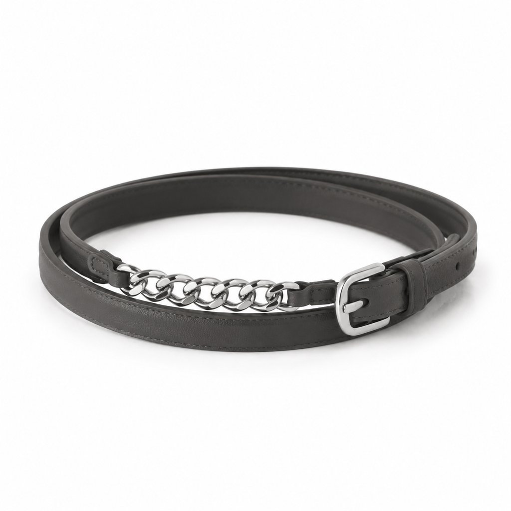 Naldony leather belt with chain detail in charcoal grey
