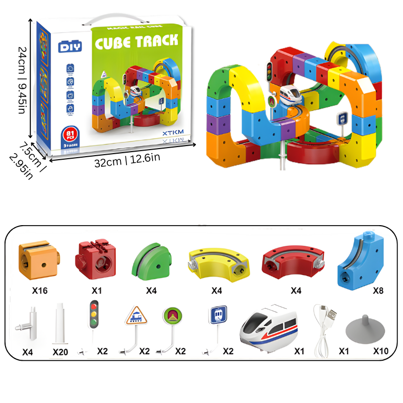 Kids 3D train track set, mix-and-match STEM cubes, 51 or 81 pieces