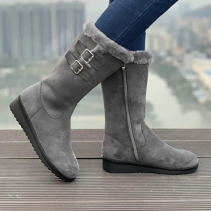 Women's fur lined winter boots with side zip and double buckle