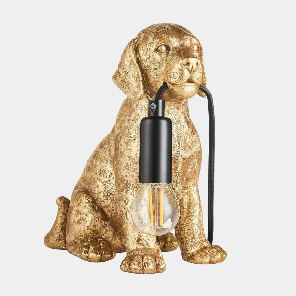 Gold Puppy Dog Table Lamp, detailed resin figurine, brushed gold finish