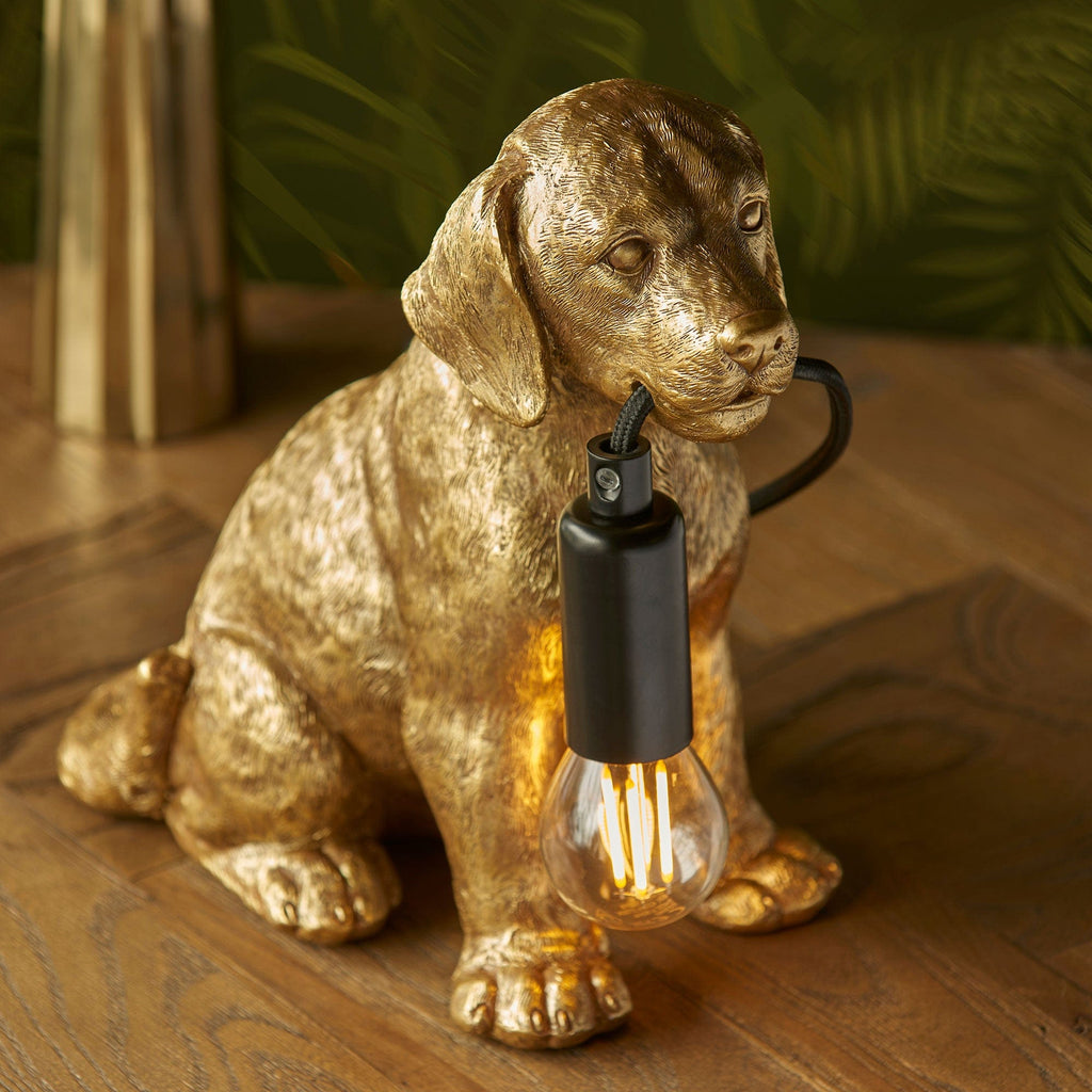 Gold Puppy Dog Table Lamp, detailed resin figurine, brushed gold finish