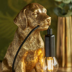 Gold Puppy Dog Table Lamp, detailed resin figurine, brushed gold finish