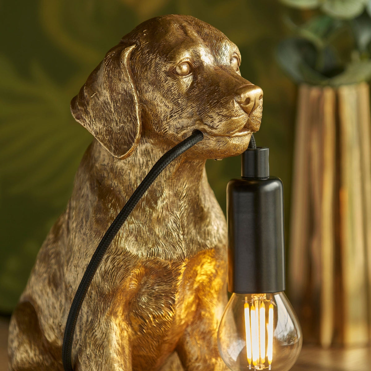 Gold Puppy Dog Table Lamp, detailed resin figurine, brushed gold finish