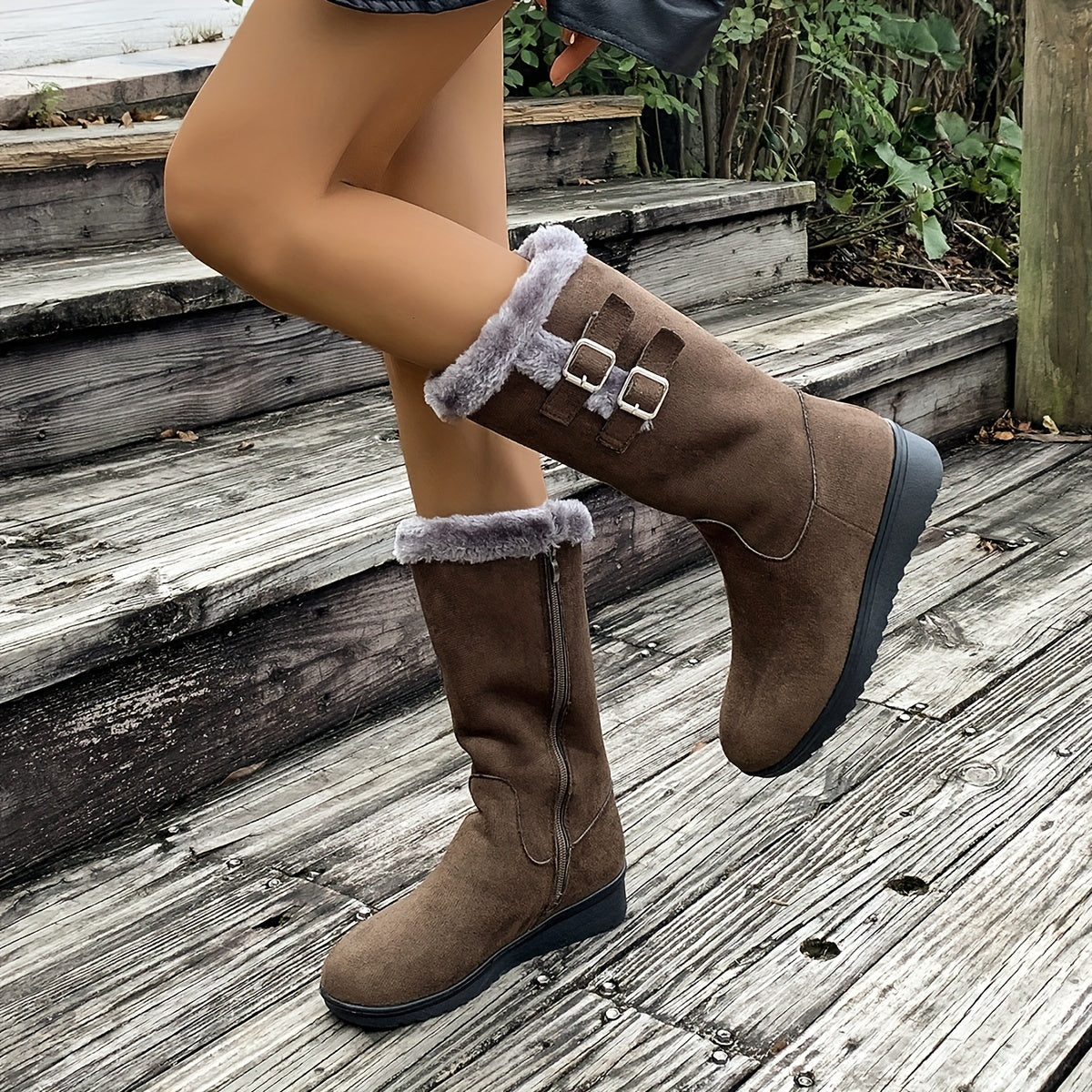 Women's fur lined winter boots with side zip and double buckle
