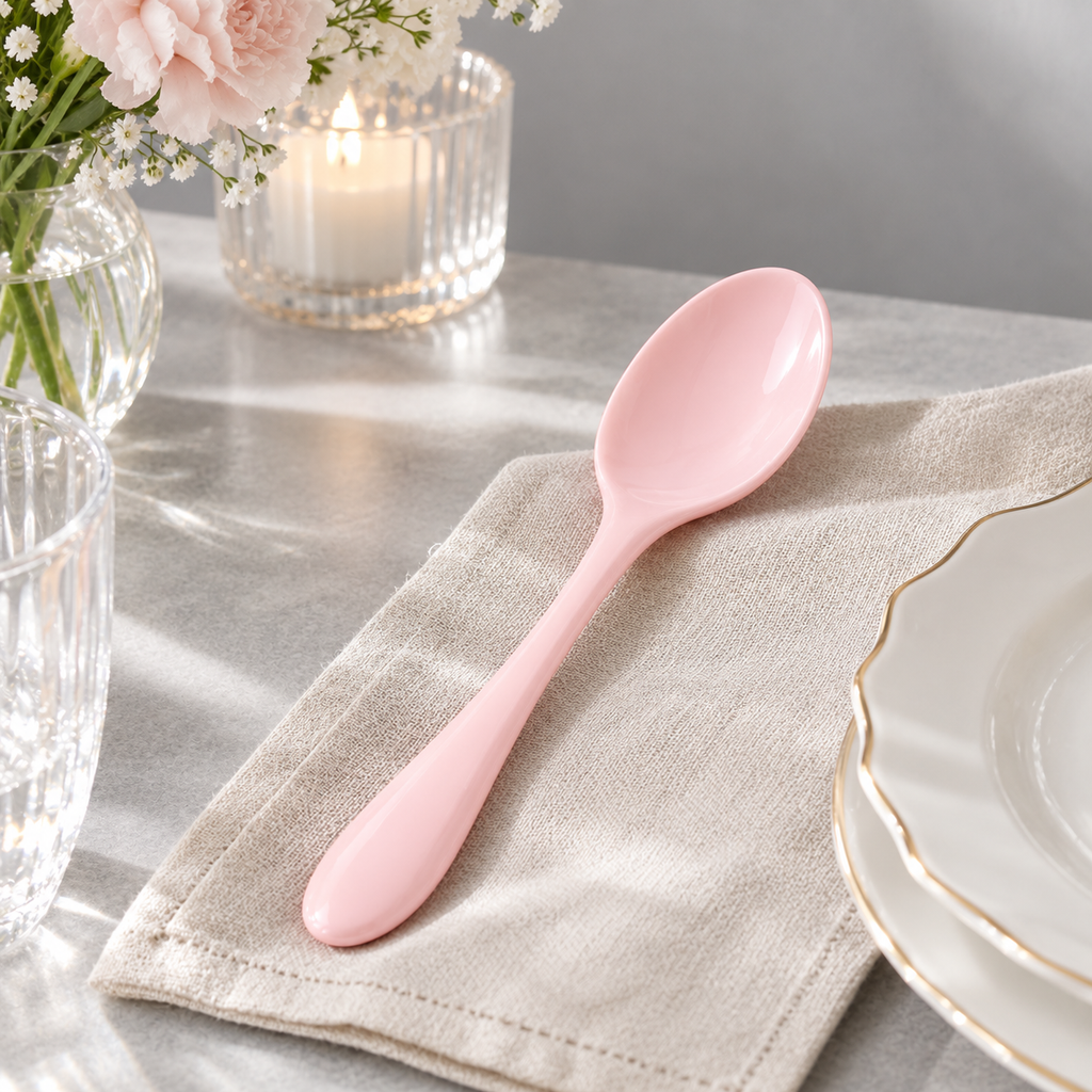 Side view of the naldony ceramic spoon in pastel pink.