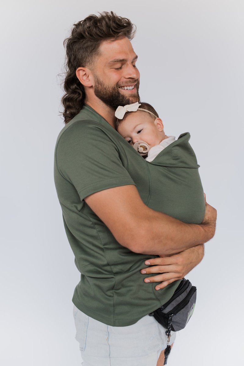 Skin to skin baby carrier top with kangaroo pocket for mum and dad