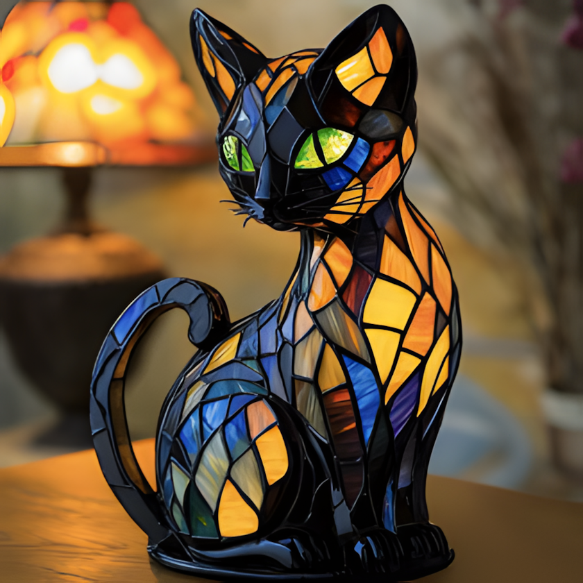 Stained glass dog night light lamp, hand-painted resin, USB, 17cm