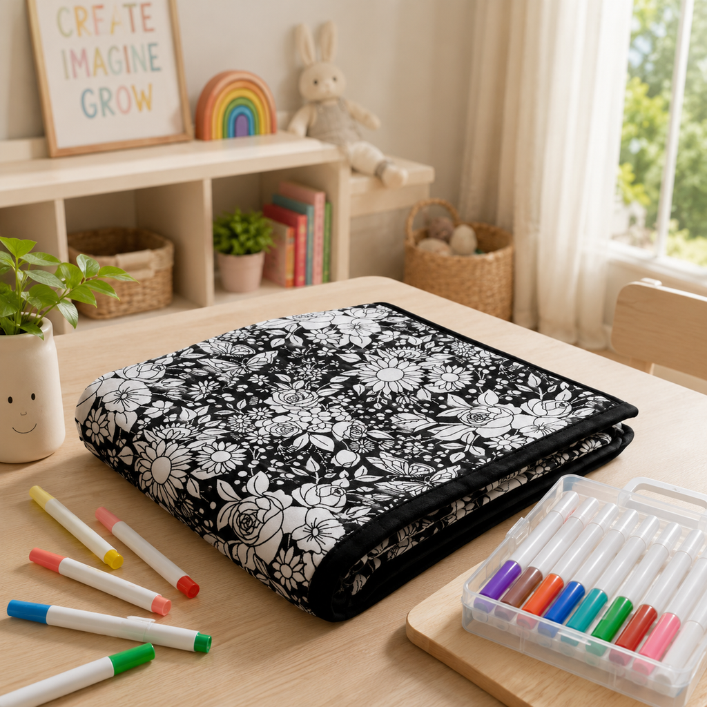Kids DIY colouring blanket, soft plush fabric, washable & reusable