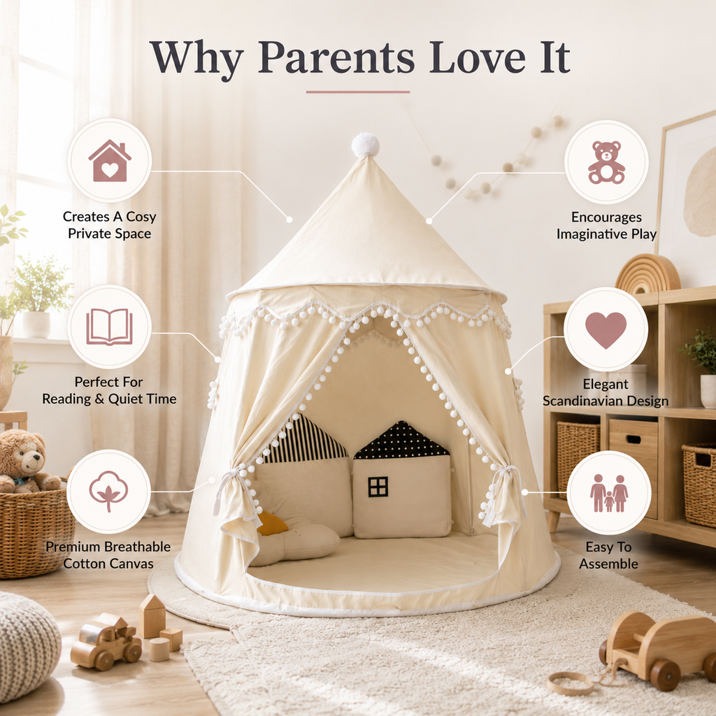Kids Canvas Play Teepee Tent, 100% cotton, pine poles, spacious
