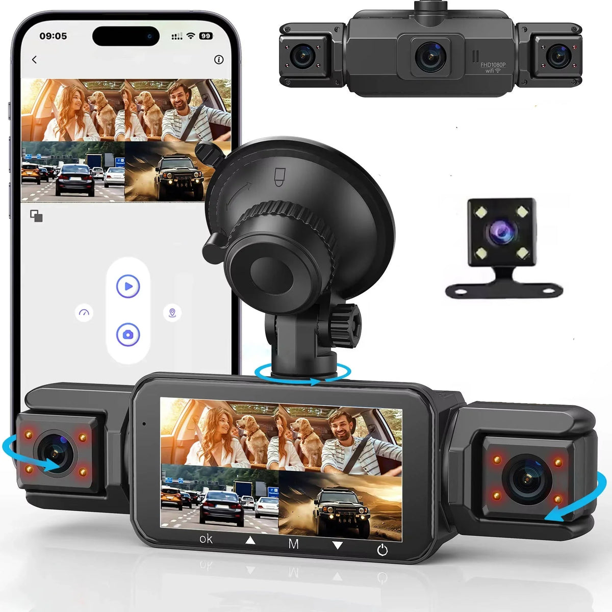4-camera dash cam system, 1920P front recording, night vision, Wi‑Fi