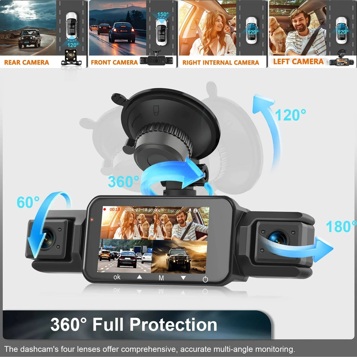 4-camera dash cam system, 1920P front recording, night vision, Wi‑Fi
