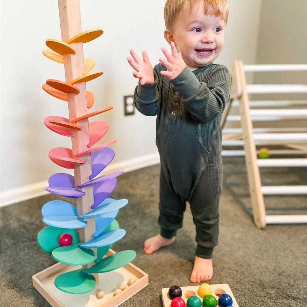 Wooden marble tree, rainbow Montessori sound tower with balls