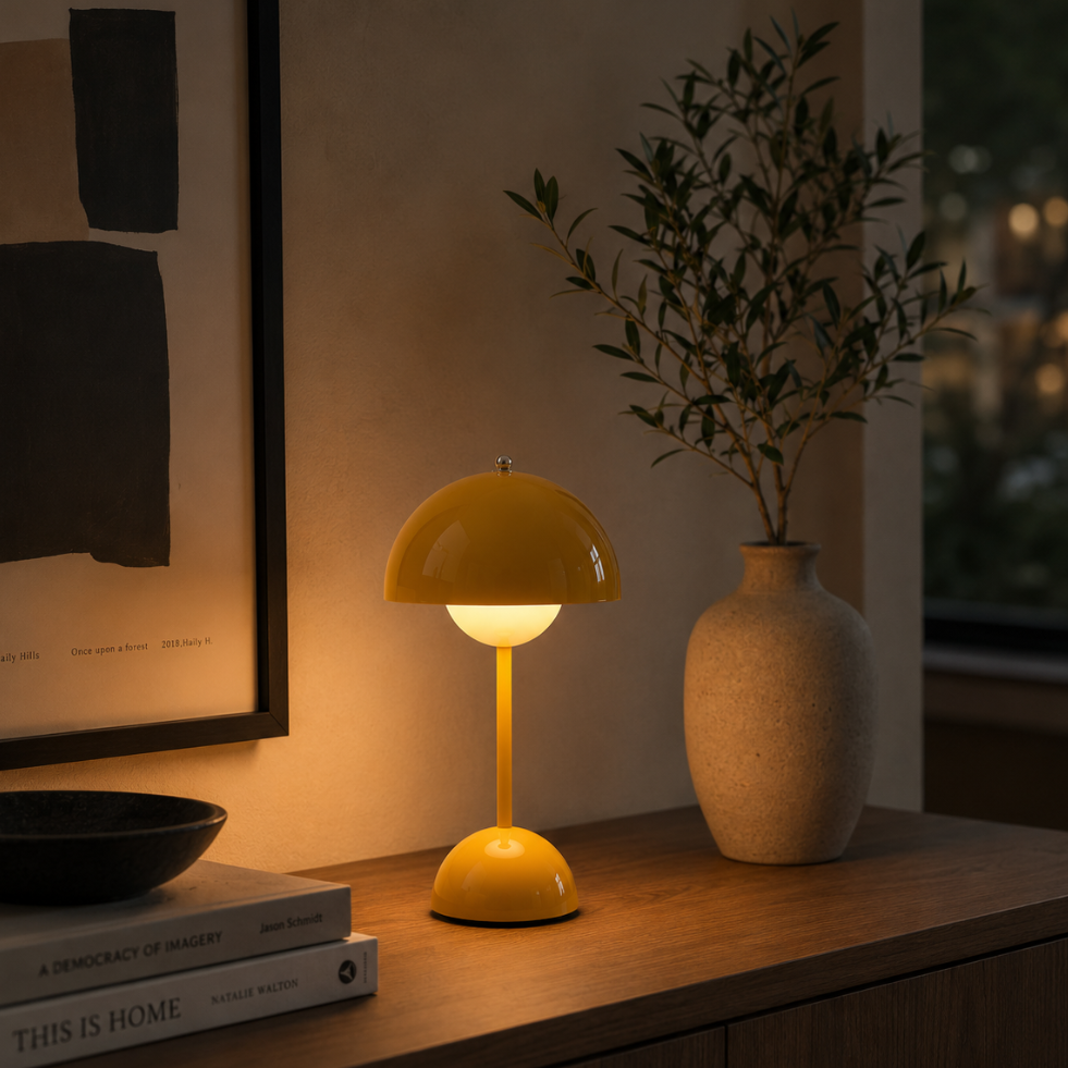 Rechargeable cordless table lamp with mushroom shade