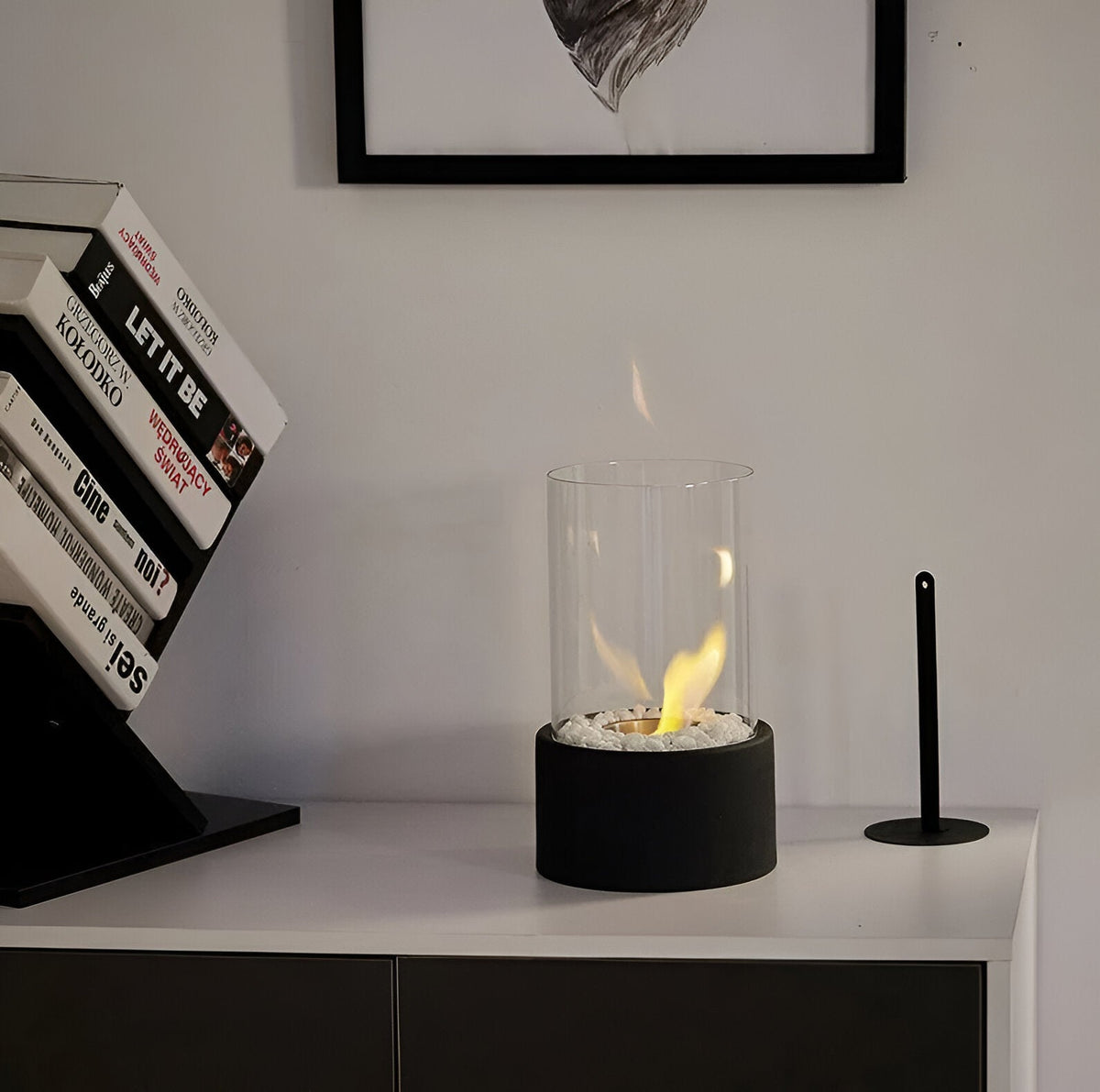 Tabletop bioethanol fireplace with glass cylinder