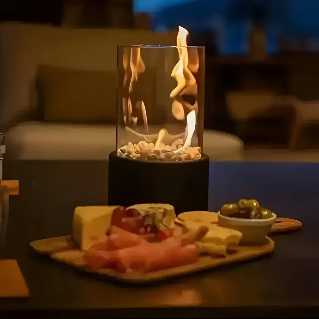 Tabletop bioethanol fireplace with glass cylinder