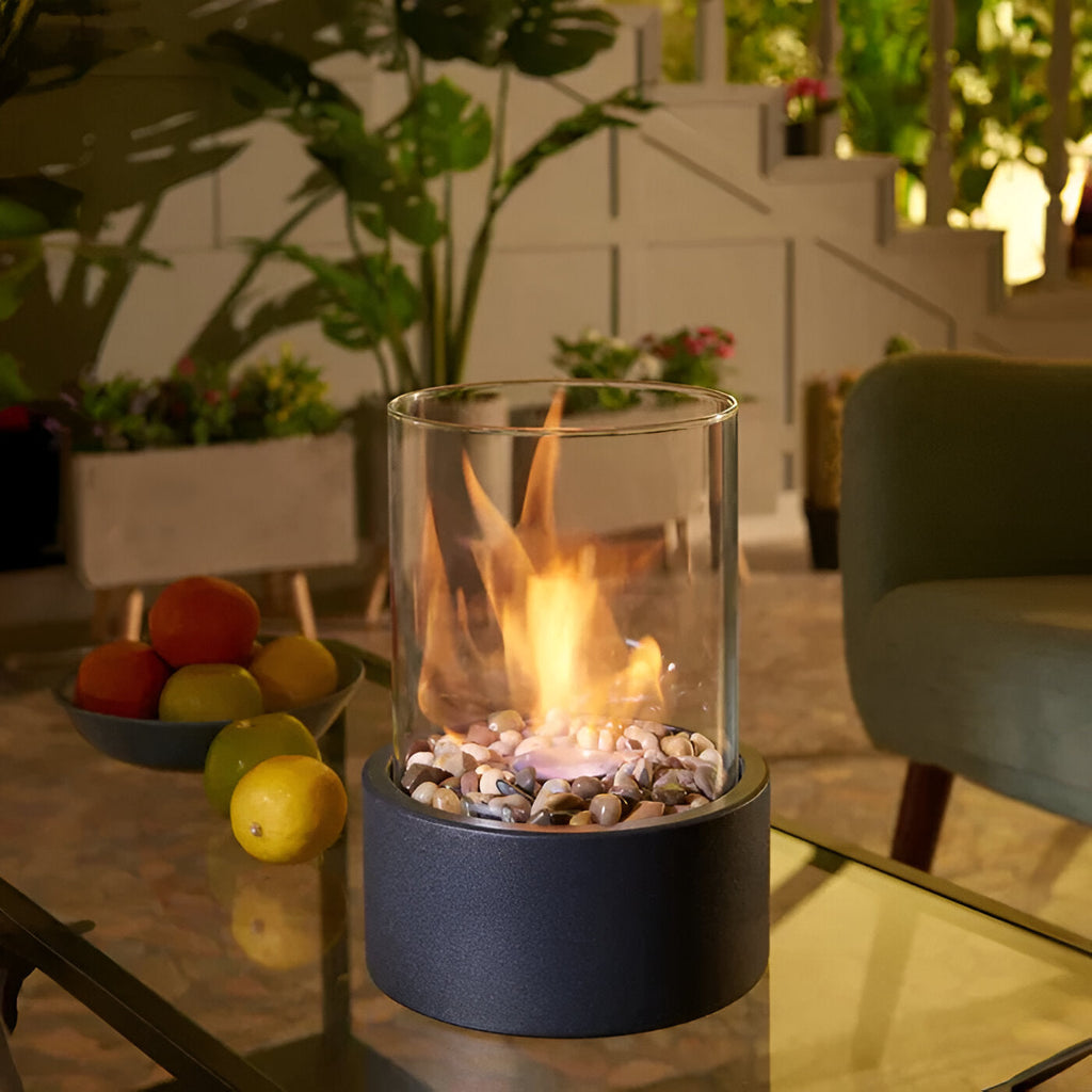 Tabletop bioethanol fireplace with glass cylinder
