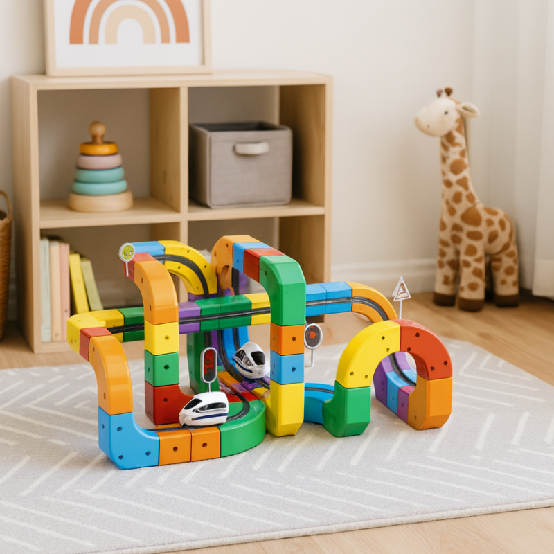 Kids 3D train track set, mix-and-match STEM cubes, 51 or 81 pieces