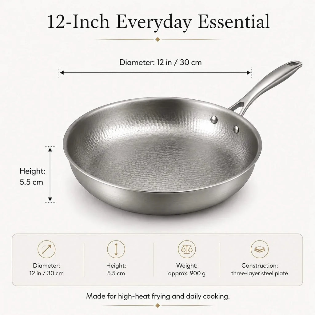 Titanium frying pan, 12" (30cm), three-layer steel, high-heat safe