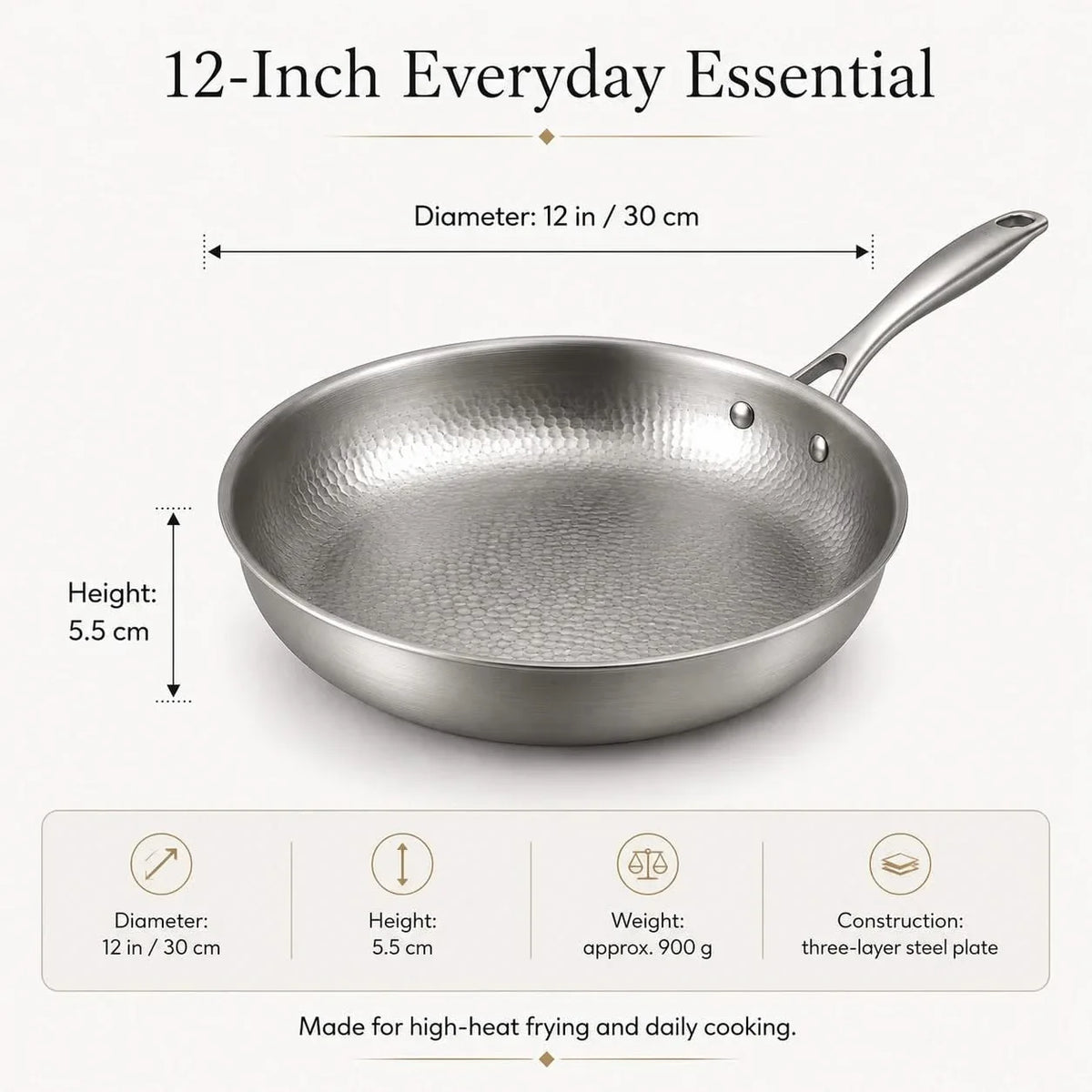 Titanium frying pan, 12" (30cm), three-layer steel, high-heat safe