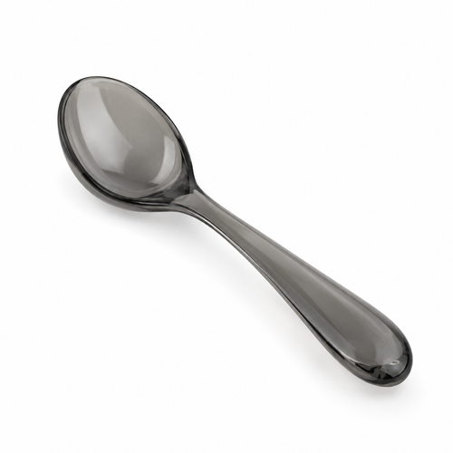 Elegant black acrylic soup spoon on white background