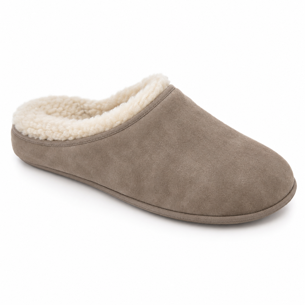 Side view of taupe suede slipper with faux shearling lining.