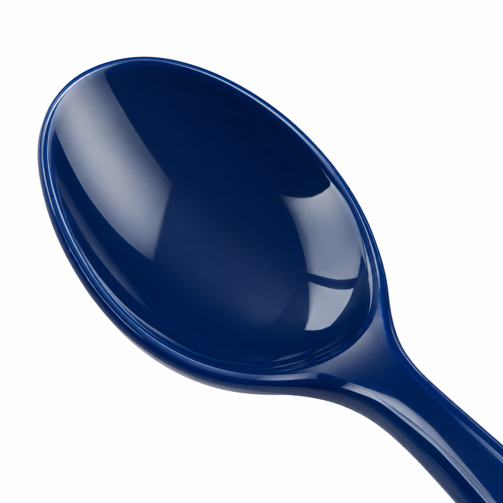 Top view of a naldony plastic spoon in deep blue.