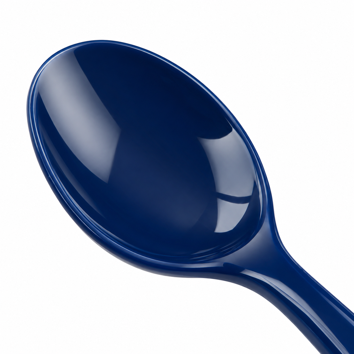Top view of a naldony plastic spoon in deep blue.