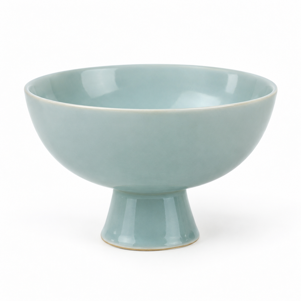 Sky blue ceramic pedestal bowl side view.