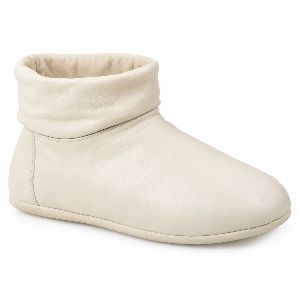 Cream leather ankle boot with fold-over collar.