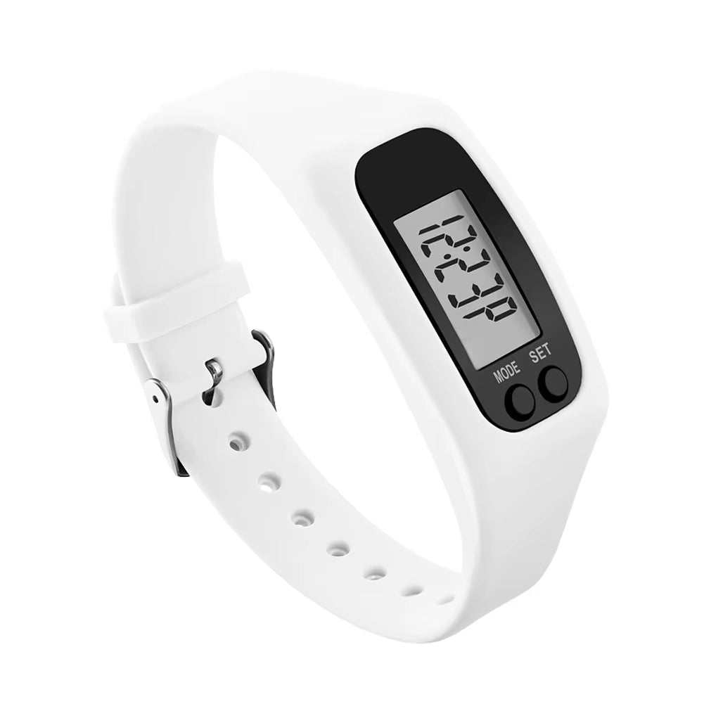 Pedometer watch with digital display and silicone strap