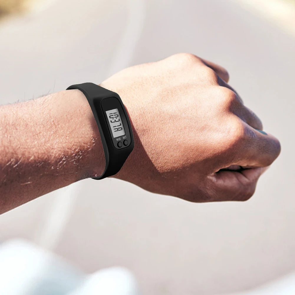 Pedometer watch with digital display and silicone strap