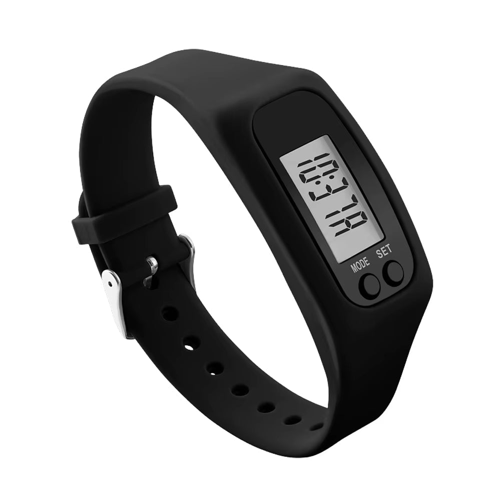 Pedometer watch with digital display and silicone strap