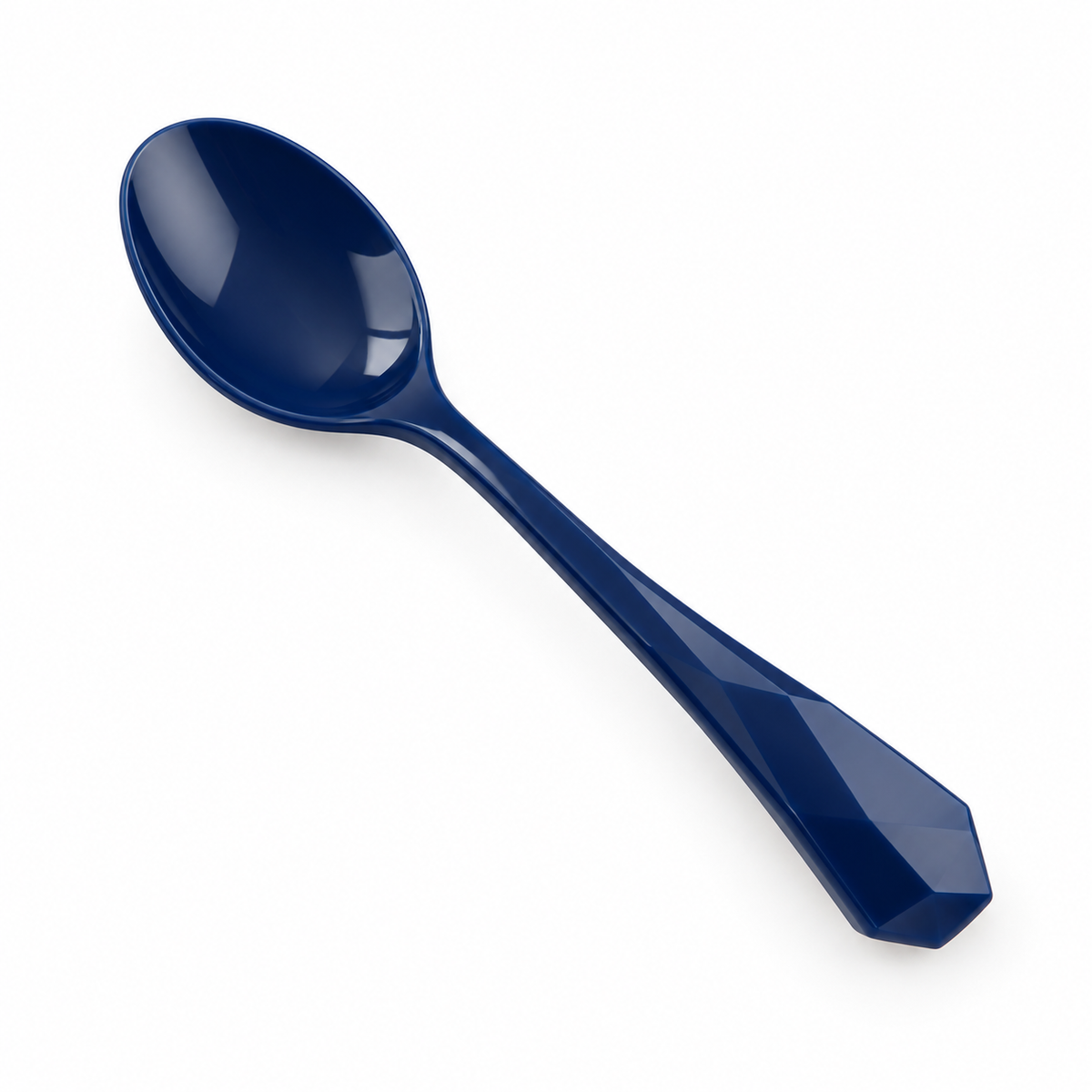 Elegant plastic spoon with faceted handle in deep blue.